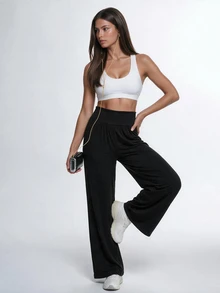 Eassivo Women's Straight Leg Solid Color Sports Pants - Black - View 1