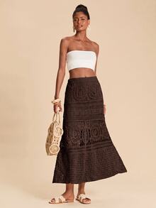 Travachic Women's Knitted Geometric Pattern Sweater Skirt, Suitable For Dating, Vacation, Party, Daily Wear, Gathering, Outdoor Activities - Coffee Brown - View 4