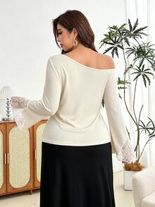 Modelyn Elegant Solid Color Lace Cold Shoulder Long Sleeve Fitted Regular Top And Solid Color Lace Trim Fitted Mermaid Skirt, Spring/Autumn Plus Size 2 Pieces Set - Multicolor - View 2