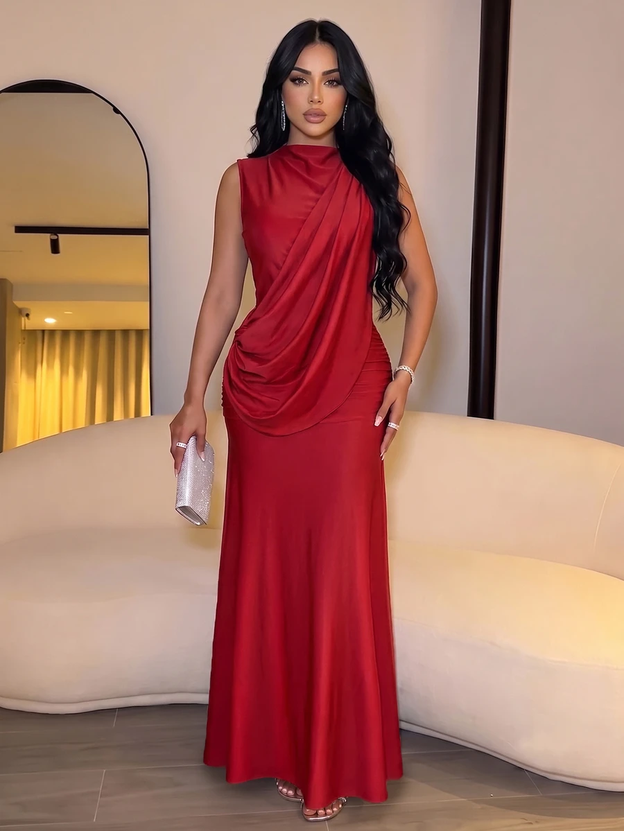 SOLERSUN Women's Autumn/Winter Party Dress, Red Shiny Fabric, High Neck, Sleeveless, Backless, Ribbon Decor, Ruched Hip, Extra Long
