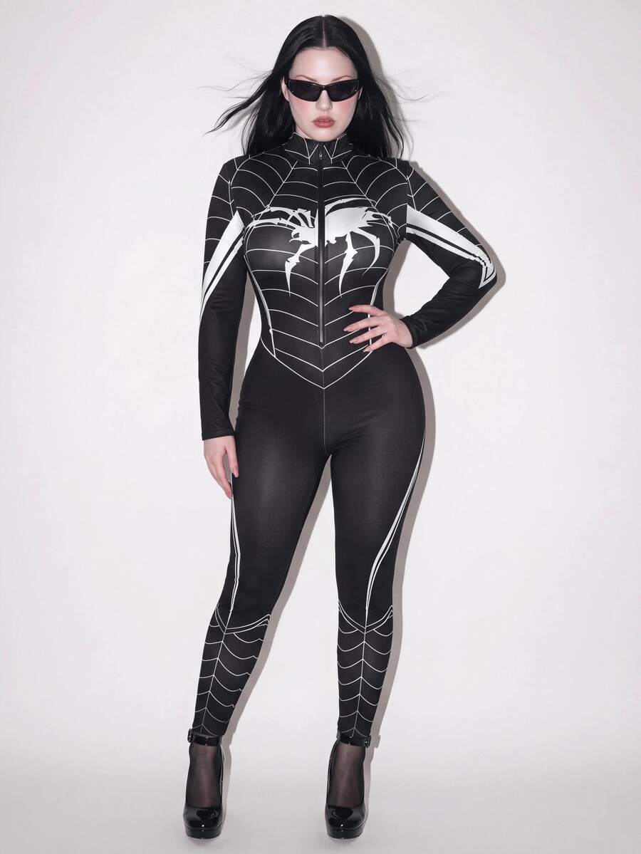 SHEIN ICON Plus Size Y2K Sexy Spider Jumpsuit, Halloween Cosplay - Grey - View 1