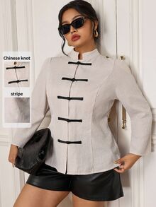 EastFlair Plus Size Women's Elegant Striped Long Sleeve Shirt With Frog Button Design - Apricot - View 1