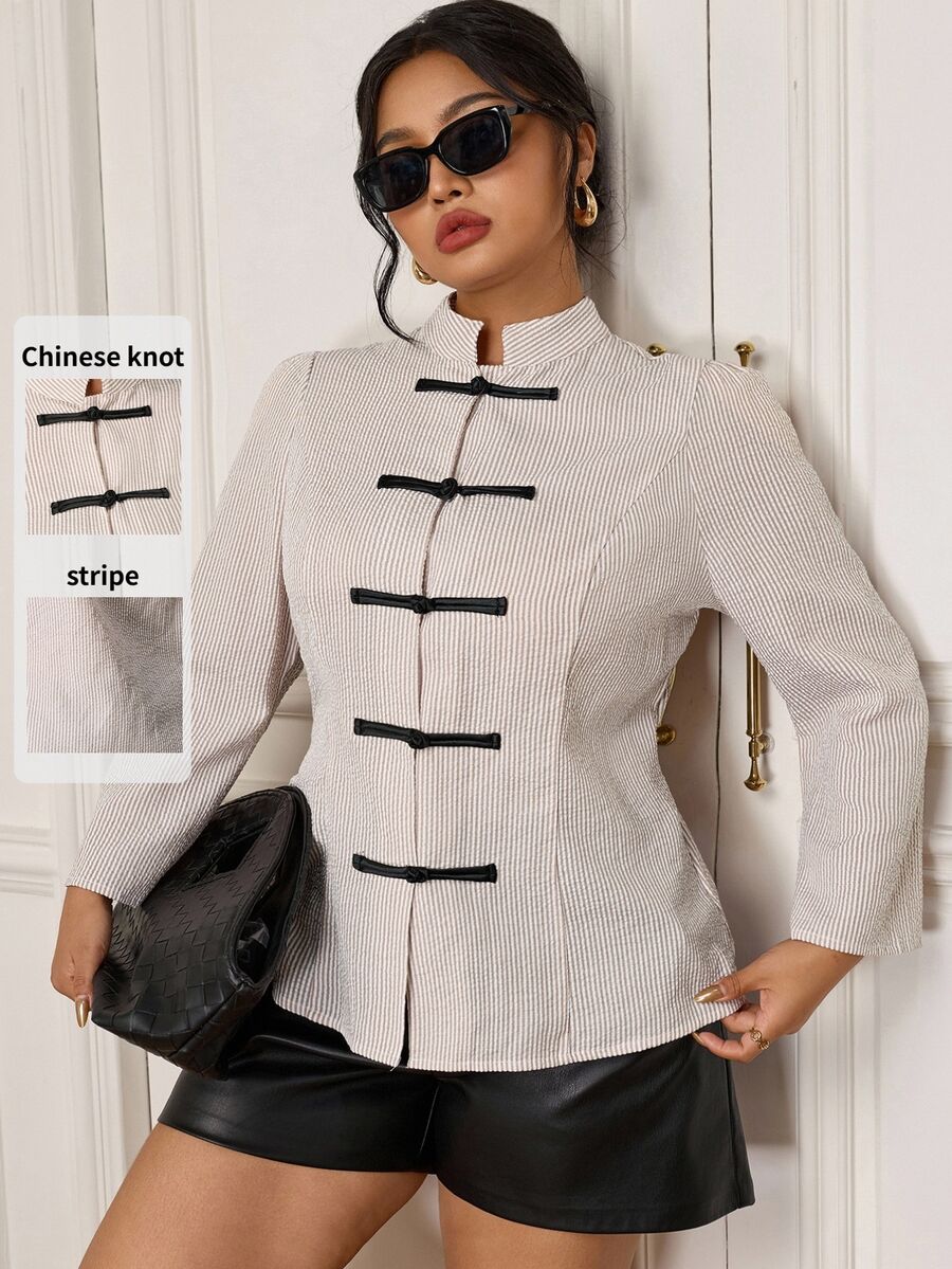EastFlair Plus Size Women's Elegant Striped Long Sleeve Shirt With Frog Button Design - Apricot - View 1