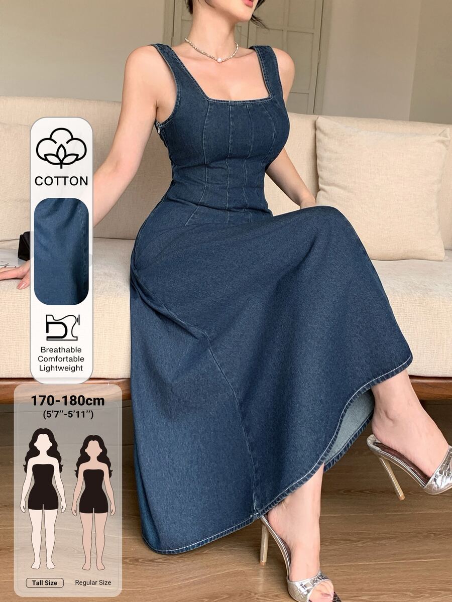 Dazy Tall Đầm denim nữ cổ vuông dây áo mỳ Ý - Rửa tối - Xem 1