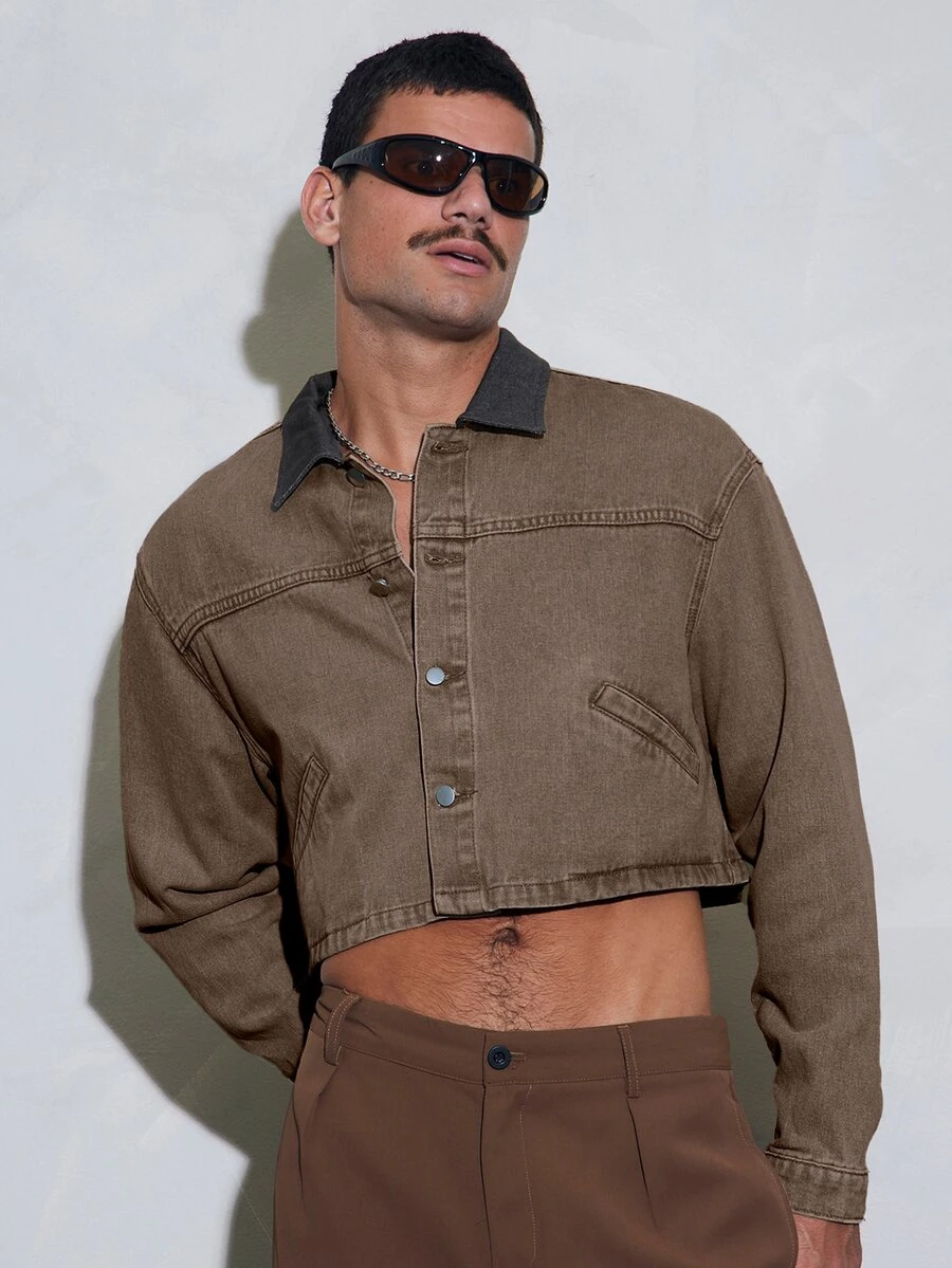 FeverCity Men's Colorblock Long Sleeve Single-Breasted Casual Cropped Denim Jacket - Brown - View 1