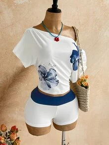 Soleia Women's Vacation Asymmetrical Shoulder Short Sleeve Fitted Colorful Top And Shorts Set - Multicolor - View 6