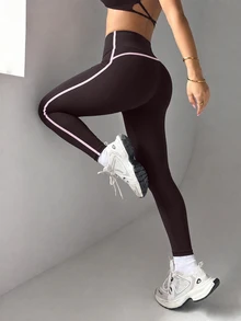 Dewbera Dewbera 女款秋季運動緊身褲，黑色亮片修身款，9/10長度，拼色拼接配滾邊，中腰，休閒舒適，適合健身房、瑜伽 - 棕色 - 查看 2