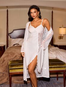 Slumberist Lace Panel Cami Sleep Dress & Robe Pajama Set - White - View 1
