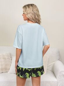 SHEIN How to Train Your Dragon Women's Round Neck Short Sleeve Cartoon Print Pajama Set - Blue - View 2