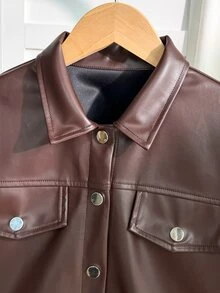 SHEIN Sparklyn Tween女孩黑色前拉鍊翻領羅紋袖口街頭風酷感百搭機車風PU皮革寬鬆夾克，秋冬穿搭 - 棕色 - 查看 6