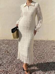 DAZY Solid Color Textured Fabric Long Sleeve Dress, Elegant Vacation Korean Style Spring/Autumn Maternity Dress - Beige - View 1