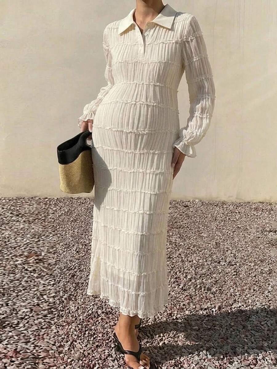DAZY Solid Color Textured Fabric Long Sleeve Dress, Elegant Vacation Korean Style Spring/Autumn Maternity Dress - Beige - View 1