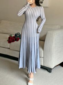 Feyla Women's Round Neck Long Sleeve Cinched Waist Striped Sweater Dress - Multicolor - View 6