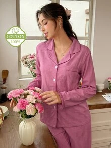 Snug Reverie طقم بيجامة نسائي من القطن 100% باللون الوردي العميق، مفتوح من الأمام بأكمام طويلة، ملابس منزلية رومانسية منعشة بنقشة جاكار وحافة مكشكشة - وردي - مشاهدة 5