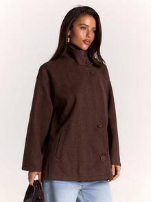 SHEIN BAE Mantel Wanita Polos Kerah Tinggi Kancing Dekorasi Saku Ganda Longgar Kasual Modis - Mocha Brown - View 5