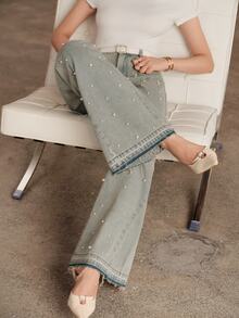 Anewsta Flared Rhinestone Studded Denim Jeans - Blue - View 3