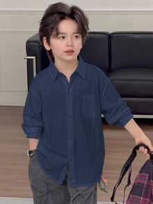 Dazy Kids 男童大童寬鬆休閒長袖秋季基礎襯衫上衣 - 藏蓝色 - 查看 6