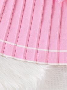 SHEIN Tween Girl Autumn/Winter Fashion Knit Cardigan + Striped Pleated Mini Skirt Set - Pink - View 3