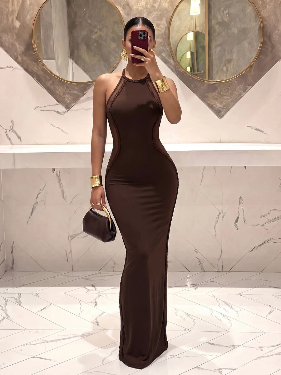 Slaydiva Đầm maxi ôm sát dáng đuôi cá màu nâu, cổ giả cao, sát nách, lưng lưới xuyên thấu, phối viền vân nổi nhún bèo-A - màu nâu - Xem 1