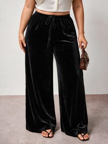 Hourglow Plus Size Anti-Wrinkle Satin Valentine's Day Straight Leg Loose Fit Pants - Black - View 4