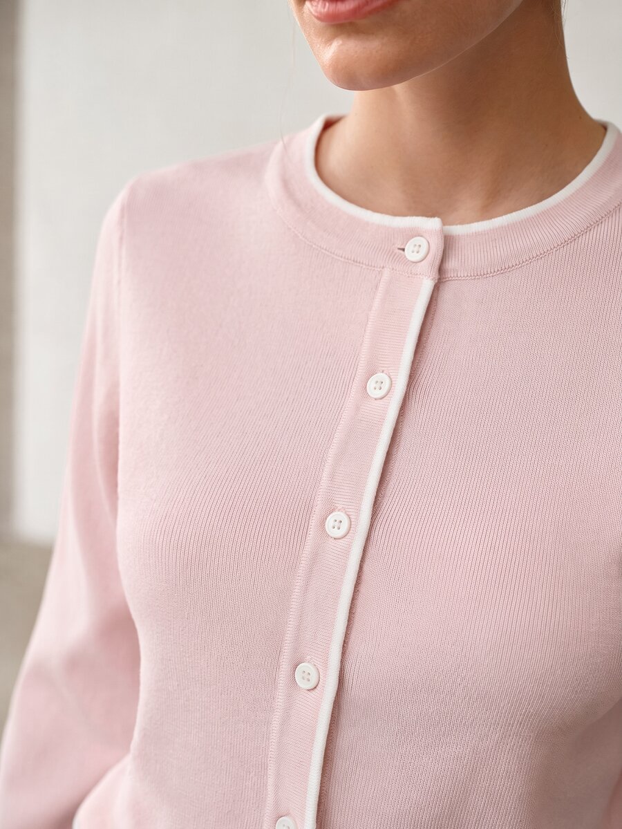 MOTF PREMIUM WOMEN'S STRIPED CONTRAST COLOR BUTTON KNIT CARDIGAN - Pink - View 2