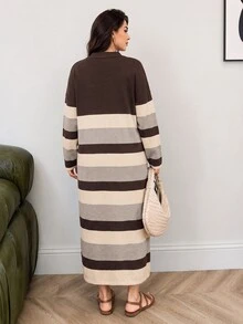 Feyla Plus Size Women's Striped Collared Long Sleeve Casual Knit Dress - Multicolor - View 2