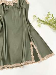 SilkySpell 5-Piece Contrast Trim Faux Silk Camisole, Shorts, Pants, Robe And Nightgown Set - Army Green - View 3