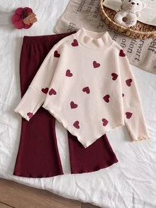 SHEIN 女童 2 件組 秋冬甜美愛心印花羅紋小立領不對稱下擺上衣＋喇叭褲休閒套裝，秋季母女搭配嬰兒套裝 - 紅色 - 查看 8