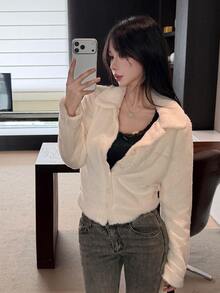 DAZY Jaket Pendek Bulu Imitasi Putih Wanita, Cocok untuk Kencan Kasual, Pesta Jalanan, Musim Gugur/Dingin - Krem - View 6