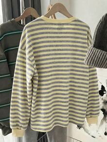 SHEIN CURVE+ 大尺碼女款休閒圓領長袖條紋運動衫 - 彩色 - 查看 3