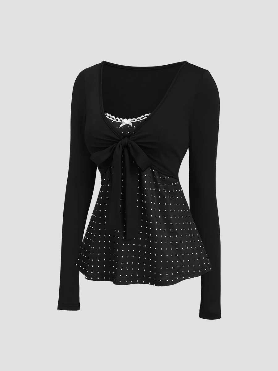 Sweetra Women's New Fashion Versatile Solid Color Patchwork Polka Dot 2 In 1 Long Sleeve Top With Front Tie Bow A-Line Neckline Contrast White Lace Bow Decor Long Sleeve T-Shirt - Black - View 1