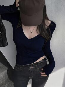 Dazy Tall Women's Deep V-Neck Long Sleeve Fitted Pullover T-Shirt - Navy Blue - View 8
