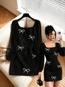 GlowEve Women's Square Neck Mini Dress, Sheer Puff Long Sleeve, Pearl Bow Decor, Slim Fit A-Line Short Design, Sweet Elegant Mini Dress, Suitable For Party, Date And Daily Wear - Black - View 9