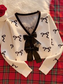 Comfortcana Women's Thin Cardigan Sweater With Bow Pattern And Bow Decor, Casual Fashion Creative Personalized Fresh Cute - White - View 1