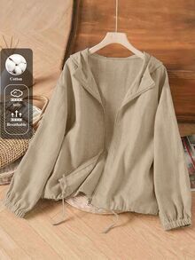 Linhara Plus Size Women's Casual Faux Linen Hooded Jacket - Khaki - View 1