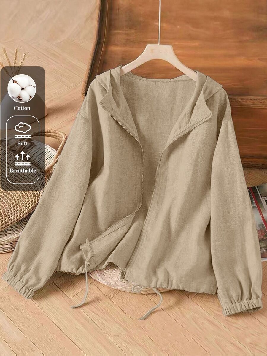 Linhara Plus Size Women's Casual Faux Linen Hooded Jacket - Khaki - View 1