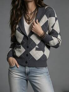 SHEIN Women's Diamond Pattern Long Sleeve Single-Breasted Casual Knit Cardigan - Multicolor - View 5