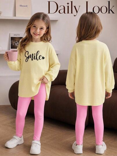 SHEIN Young Girl Young Girl 2 Pieces Set, Casual Round Neck Ruched Knit Jacquard Striped Top With Embroidery, Y2K Pink, Paired With Slim Fit Leggings Long Pants, Autumn/Winter Fashion Casual Sports School Outfit