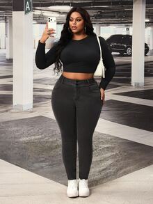 SHEIN PETITE CURVE بنطال جينز ضيق بخصر عالي بلون موحد للنساء بمقاسات كبيرة - الأسود - مشاهدة 6