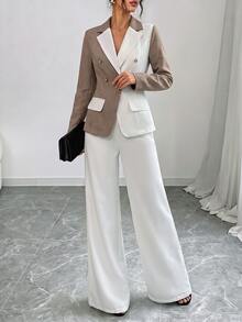 SHEIN Elenzya Women's Business Casual Fashion Colorblock Blazer And Solid Color Wide Leg Pants Set - Multicolor - View 5