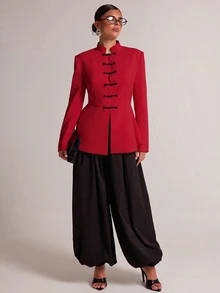 SHEIN BAE 女款紅色立領盤扣長袖開衩時尚西裝外套 - 紅色 - 查看 4