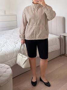 SHEIN EZwear 大尺碼女款格紋立領夾克，都市文藝街頭風，休閒時尚，創意個性街頭穿搭秋季款 - 彩色 - 查看 6