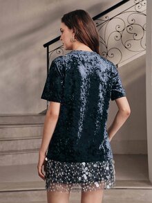 Anewsta Women's Glitter Diamond Velvet Hand-Stitched Floral Embroidered Top - Royal Blue - View 2