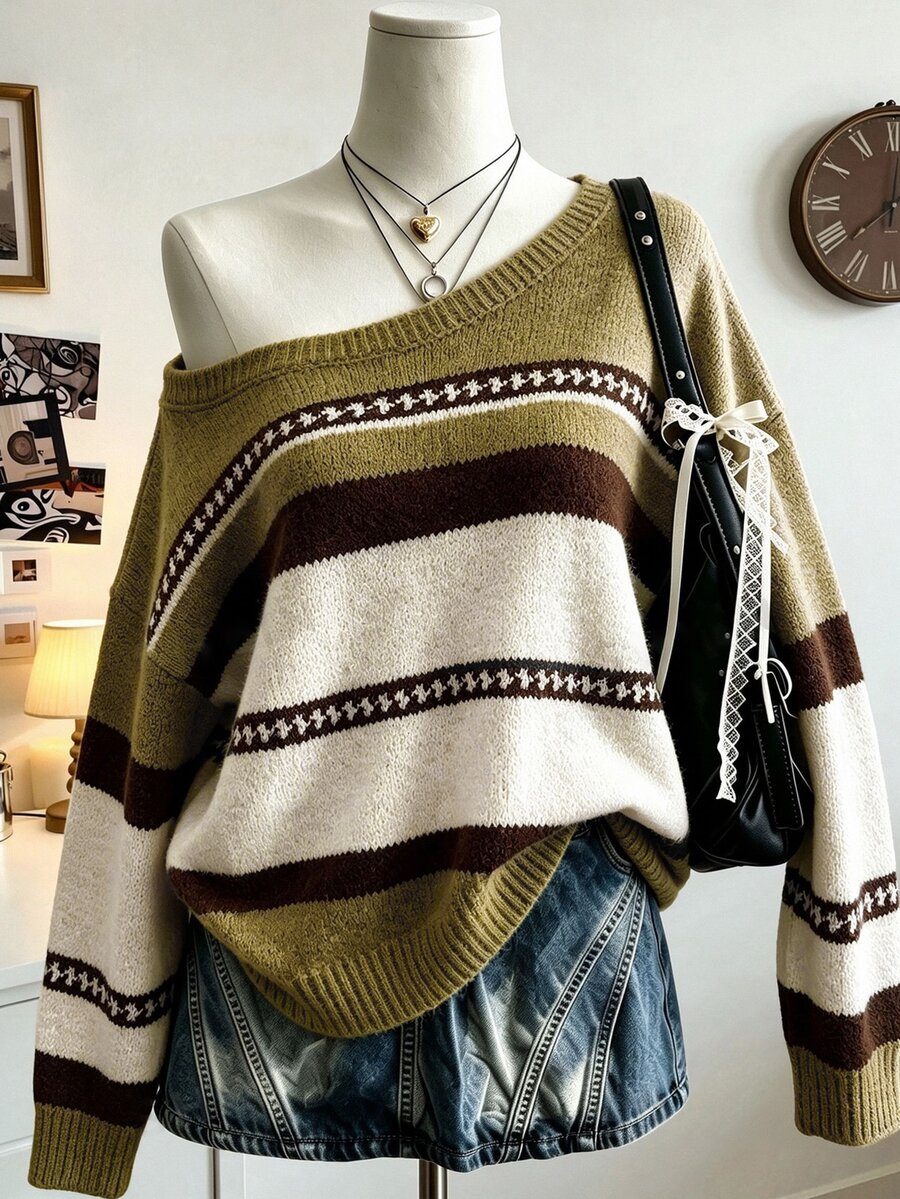 Collagica Collagica 女款條紋不對稱肩落肩袖休閒寬鬆毛衣 - Fresh Green - 查看 1