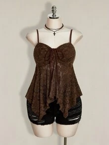 SHEIN ICON Plus Size Drawstring Bow Tie Cami Tank Top, Asymmetrical Hem, Y2K Style, Suitable For Summer, Graduation Season, Back To School - Brown - View 3