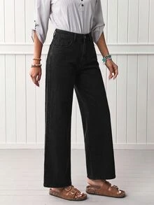 EMERY ROSE Quần jean denim nữ ống đứng dáng rộng, phong cách thường ngày đa năng, có túi - màu đen - Xem 6