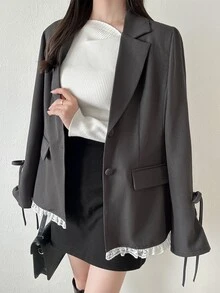 FRIFUL Women's Single-Breasted Long Sleeve Elegant Casual Jacket Office Formal Grey Autumn - Grey - View 4