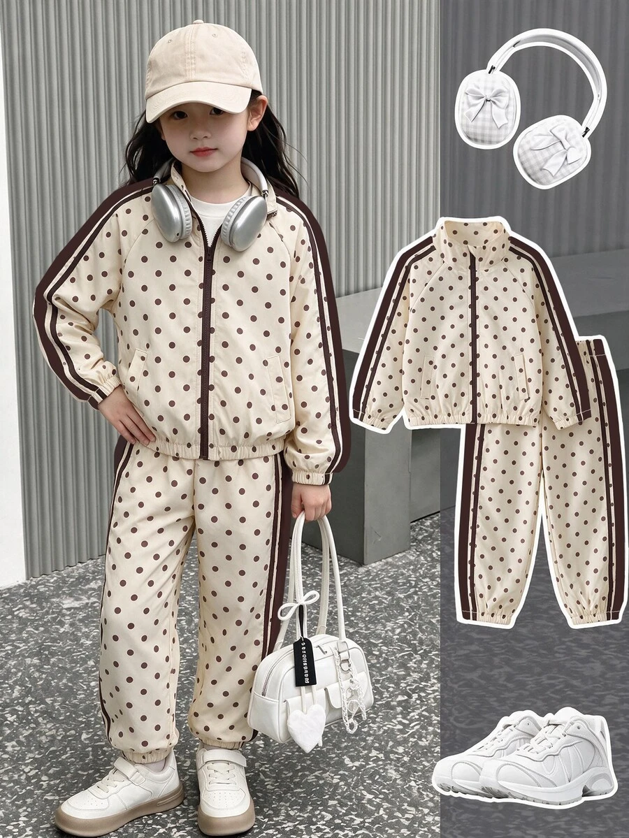 SHEIN Genkimix Kids 女童 4-7歲波點印花立領拉鍊夾克與慢跑褲 2件套，復古運動風春夏秋冬日常上學穿搭 - 杏色 - 查看 1