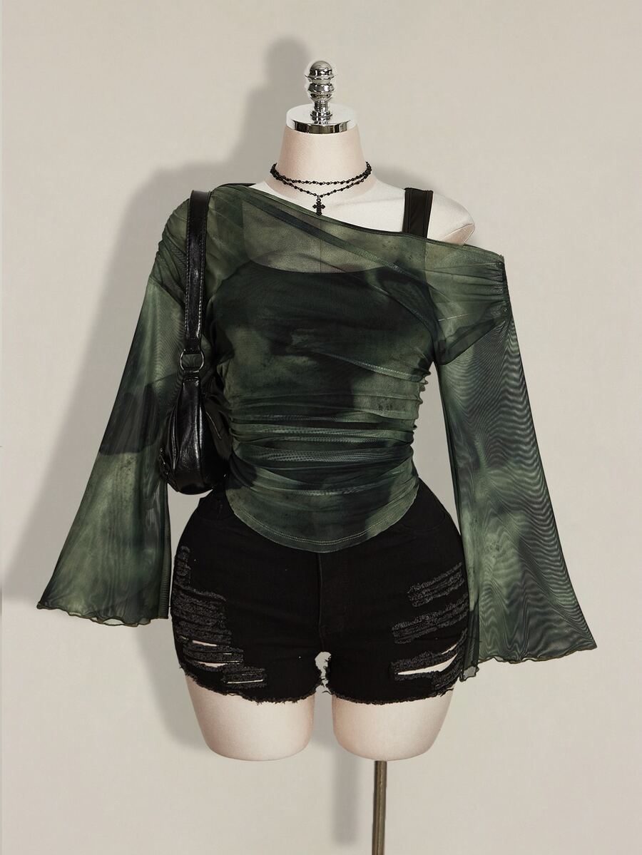 SHEIN ICON Women's Plus Size Asymmetrical Neckline Top - Dark Green - View 1