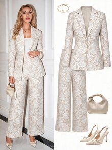 SHEIN Clasi 女款單鈕扣長袖夾克與長褲休閒日常兩件套 - 彩色 - 查看 1
